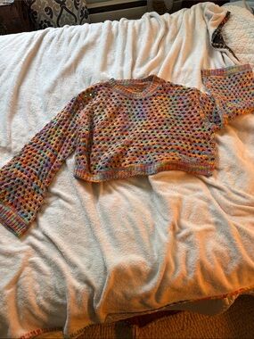 Cropped Multicolor Openwork Crewneck Sweater